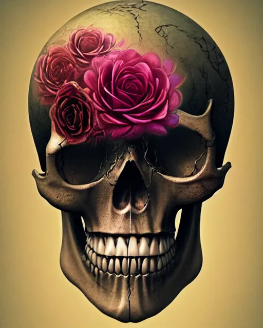 Image similar to portrait of a female skull with roses instead of eyes. roses, intricate abstract upper body intricate artwork, by zdzislaw beksinski tooth wu, wlop, beeple, dan mumford. concept art, octane render, deviantart, greg rutkowski, cinematic arthouse, key art, hyper realism, iridescent accents