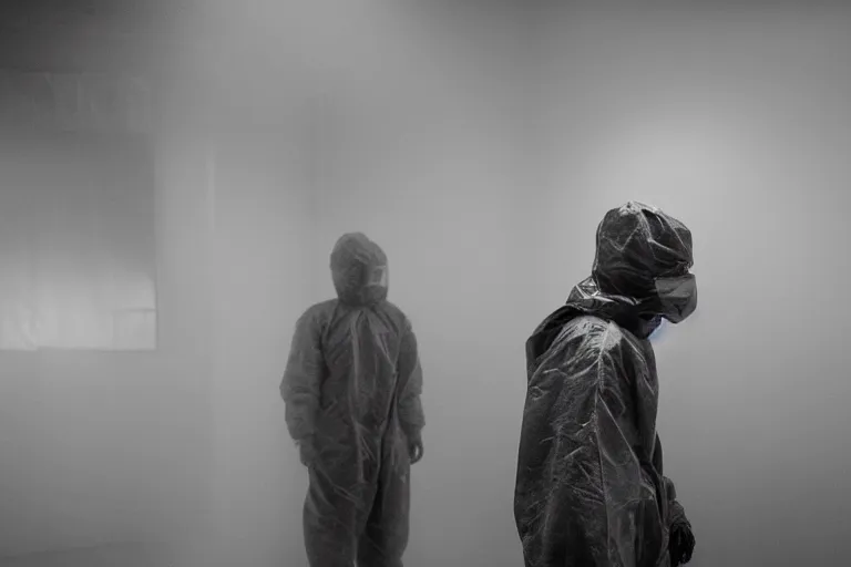 Image similar to a cinematic portrait of a prisoner dressed in a a black and white hazmat suit in a small prison cell, dust storm, annie leibovitz and zack snyder, 8 k, hd, high resolution, 8 5 mm, f / 1. 8