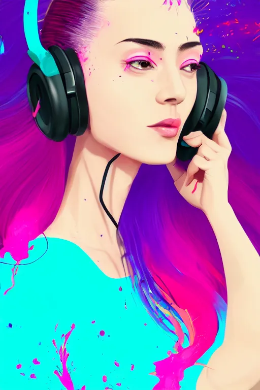 Image similar to a award winning half body portrait of a beautiful woman in a croptop and cargo pants with ombre purple pink teal hairstyle with head in motion and hair flying listenin to music on headphones by wlop, paint splatter, outrun, vaporware, shaded flat illustration, digital art, trending on artstation, highly detailed, fine detail, intricate