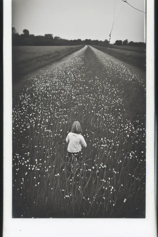 Image similar to photo polaroid of sad and lonely childin the middle of a country road holding the thread of a kite many flowers in the fields , loneliness, black and white ,photorealistic, 35mm film,