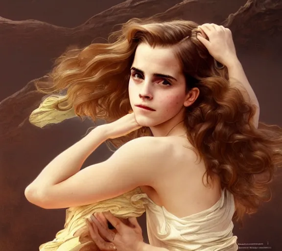 Prompt: photography of emma watson with hands - up and hairy armpits, deep focus, intricate, elegant, highly detailed, digital painting, artstation, concept art, matte, sharp focus, illustration, art by artgerm and greg rutkowski and alphonse mucha and gil elvgren