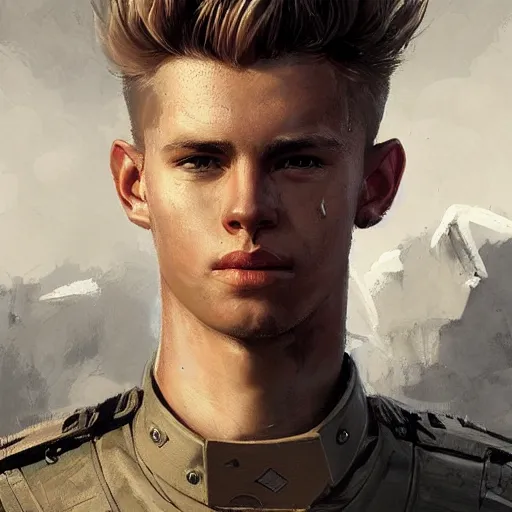 Image similar to Portrait of a man by Greg Rutkowski, he is about 20 years old, norwegian, short blond quiff hair, young, manly, attractive, strong, older brother vibes, he is wearing futuristic military fatigues, highly detailed portrait, scifi, digital painting, artstation, concept art, smooth, sharp foccus ilustration, Artstation HQ