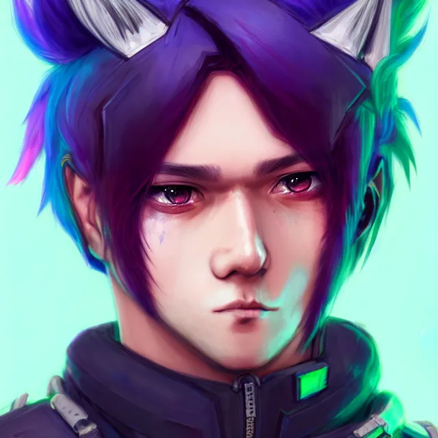 Prompt: character concept art of a cute cyberpunk boy with colorful hair and wolf ears and freckles | | cute - fine - face, pretty face, key visual, realistic shaded perfect face, fine details by stanley artgerm lau, wlop, rossdraws, james jean, andrei riabovitchev, marc simonetti, and sakimichan, trending on artstation