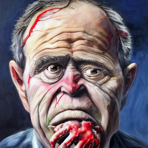 Image similar to George Bush, hyper-realistic oil painting, Body horror, biopunk, by Ralph Steadman, Francis Bacon, Hunter S Thompson