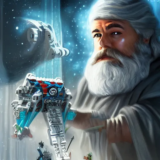 Image similar to bearded jedi building legos, star wars, legos, sci-fi fantasy,intricate,elegant,highly detailed, digital painting, artstation, concept art, Ultrarealistic illustration, raid71