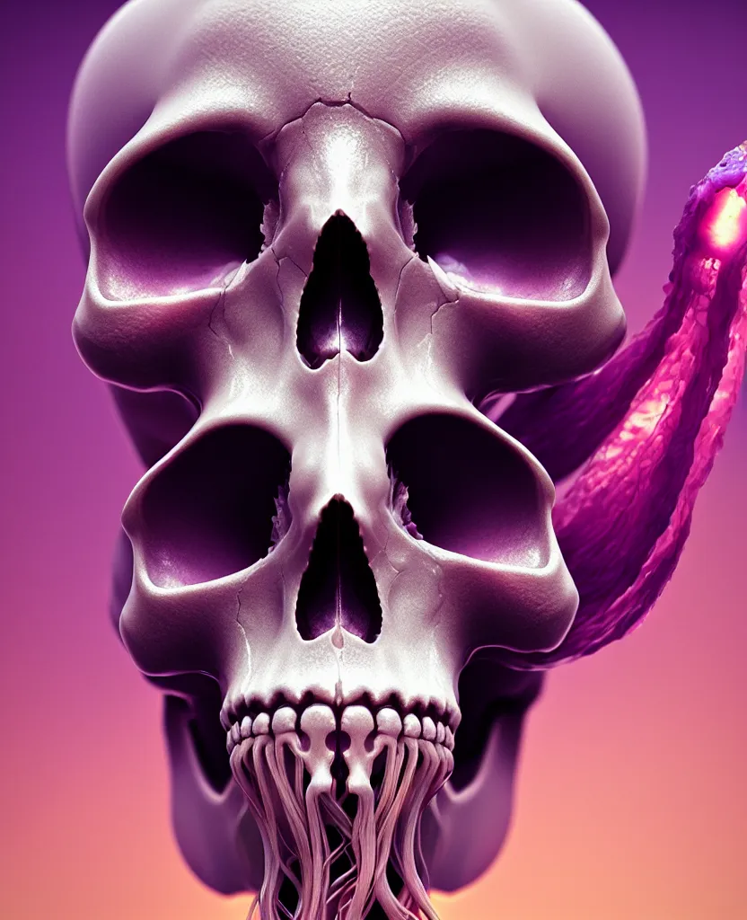 Image similar to goddess close - up portrait human skull, ram skull, squid phoenix jellyfish, orchid, betta fish, bioluminiscent, intricate artwork by tooth wu and wlop and beeple. octane render, trending on artstation, greg rutkowski very coherent symmetrical artwork. cinematic, hyper realism, high detail, octane render, 8 k