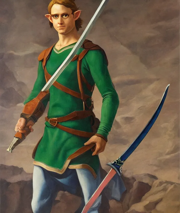 Prompt: oil painting portrait of Link holding the mastersword by Michelangelo