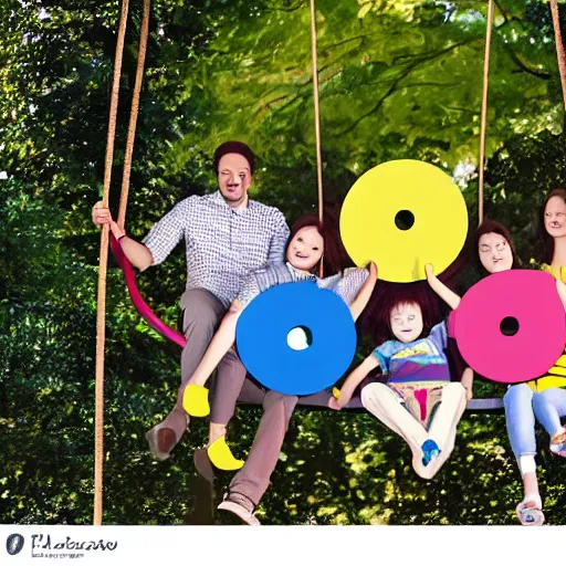 Prompt: family of circle shapes pushing kid on a tree swing, modern cartoon style, bold colors, indigo, mustardy yellow, pea green