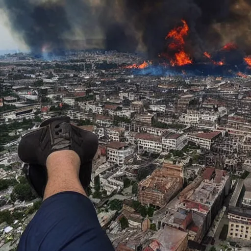 Prompt: a city is getting destroyed and buildings and palaces are collapsing a man from higher elevation looking at city while fire is everywhere and dead bodies and broken buildings are everywhere detailed