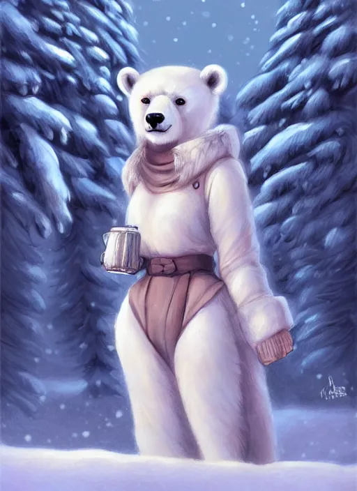 Prompt: award winning beautiful portrait commission art of a female furry anthro polar bear fursona with a cute beautiful attractive detailed furry face wearing cute stylish winter clothes at a comfy winter cabin at dusk by firelight. Character design by charlie bowater, ross tran, artgerm, and makoto shinkai, detailed, inked, western comic book art