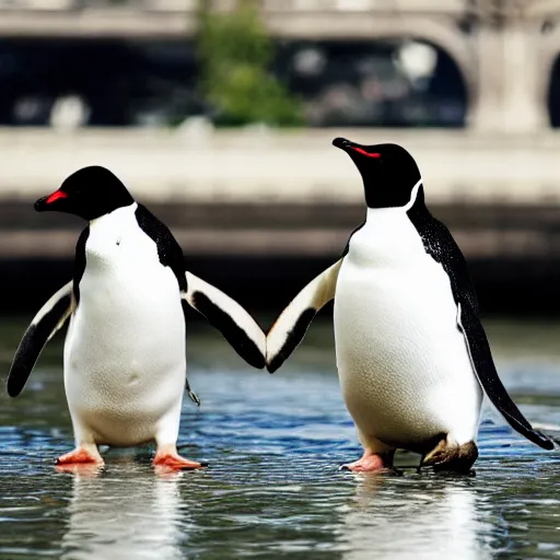 Image similar to two little penguins in a heart locket holding hands on a boat near the Seine in Paris