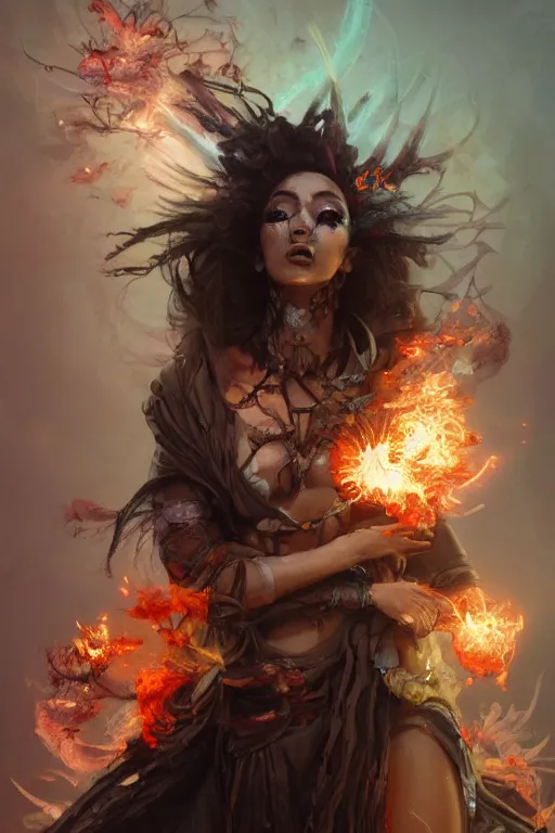 Prompt: half body closeup of beautiful girl necromancer, witch - doctor exploding into flowers, angels, 3 d render, hyper - realistic detailed portrait, holding fire and electricity, ruan jia, wlop. scifi, fantasy, magic the gathering, hyper detailed, octane render, concept art, peter mohrbacher