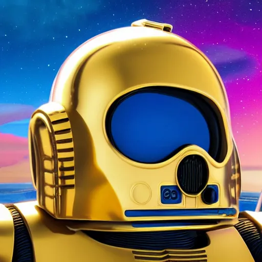 Image similar to entire body portrait of Simpson as C3PO in star wars, background blue sky puffy clouds cinematic 4k