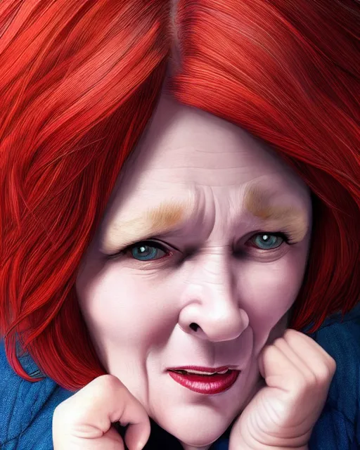 Prompt: portrait of happy short and plump 5 0 - year - old woman with red hair and, kind face, short hair, wearing in blouse, hyper realistic face, beautiful eyes, character art, art by mark brooks, hyperdetailed, cryengine, trending on artstation, digital art