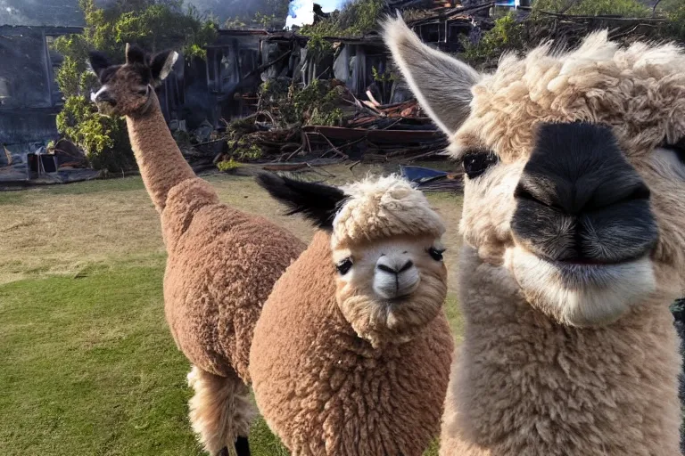 Image similar to <picture quality=4k-ultra-hd mode='attention grabbing'>Adorable alpaca looks into the camera knowingly as a house burns behind it - inspired by Disaster Girl</picture>