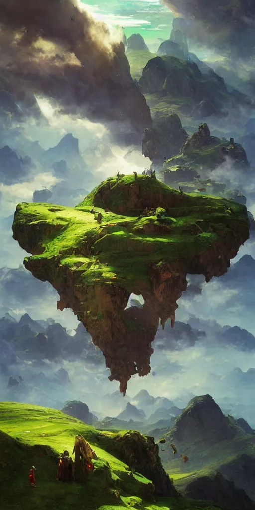 Prompt: sky is land lush green landscape villages castles buildings inverted upsidedown mountain range hanging from the sky fantasy surreal good composition artstation illustration sharp focus sunlit vista painted by ruan jia raymond swanland lawrence alma tadema zdzislaw beksinski norman rockwell tom lovell alex malveda greg staples