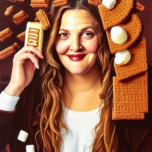 Image similar to drew barrymore in a smore, chocolate, marshmallow graham cracker, digital painting by arcimboldo, rhads