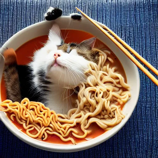 Prompt: Cat eating a bowl of ramen with chopsticks