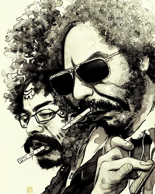 Image similar to portrait of cheech and chong smoking blunts, concept art, sumi - e style, intricate linework, artstation, trending, highly detailed, smooth, focus, art by yoji shinkawa,