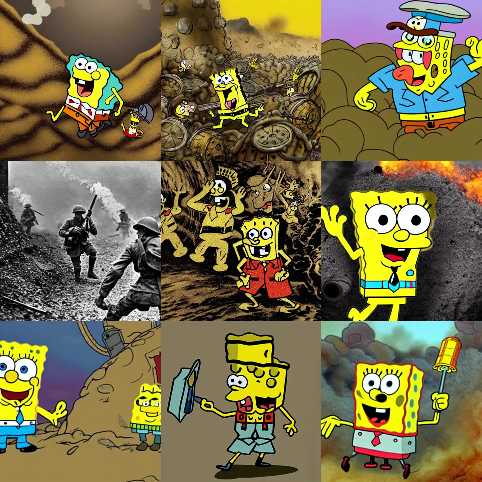 Prompt: Spongebob charging through the trenches in World War 1, moving through mustard gas