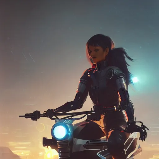 Prompt: a futuristic girl with a robot chip in the side of her head riding a motorbike, highly detailed, trending on artstation, 8 k resolution, ultra detailed, cyberpunk, retrowave, by wlop, greg rutkowski