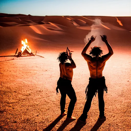 Image similar to photograph of three ravers photographed from behind, talking around a fire, photorealistic, dancefloor kismet, diverse costumes, clean composition, desert transition area, bonfire, night, australian desert, xf iq 4, symmetry, sony a 7 r, 1 5 0 mp, 5 0 mm