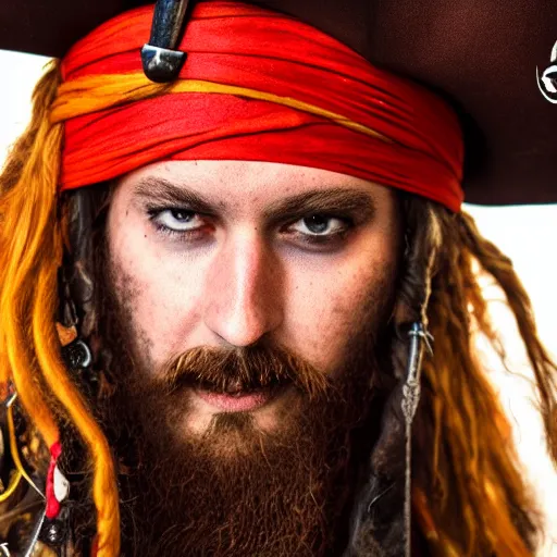 Prompt: photo of a pirate captain with long beard and bright golden eyes, flaming hair, cinematic lighting, 70mm, sigma lens