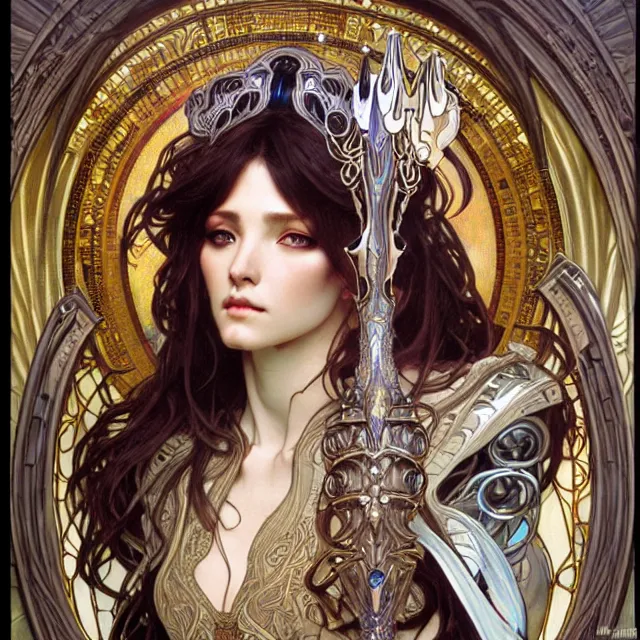 Prompt: realistic detailed face portrait of a beautiful futuristic priestess in alien mythic armor and opulent clothing by alphonse mucha, ayami kojima, amano, greg hildebrandt, and mark brooks, female, feminine, art nouveau, aetherpunk, neo - gothic, gothic, character concept design