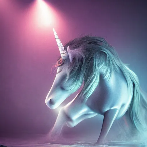 Image similar to full body pose, hyperrealistic photograph of a depressed unicorn, dim volumetric lighting, 8 k, octane beautifully detailed render, extremely hyper detailed, intricate, epic composition, cinematic lighting, masterpiece, trending on artstation, very very detailed, stunning, hdr, smooth, sharp focus, high resolution, award, winning photo, dslr, 5 0 mm