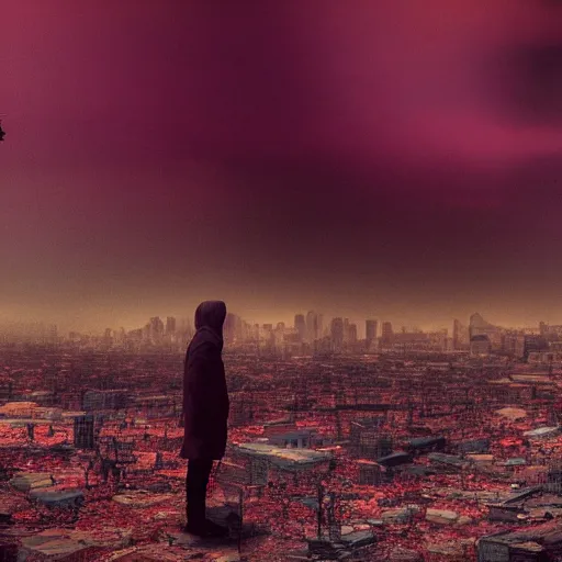Prompt: a person watching the end of the world, red-purple gradient map, dystopian city, debris, dramatic photograph-n4