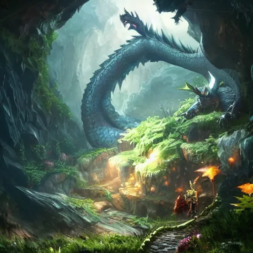Prompt: Giant Dragon resting in a cave, natural light, lush plants and flowers, elegant, intricate, fantasy, atmospheric lighting, by Greg rutkowski, league of legends splash art