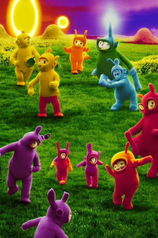 Image similar to Teletubbies gathered in a circle and evoke Satan, VHS effect, old tube TV screen, realistic materials, attention to detail, detailed depth of field, high-quality composition