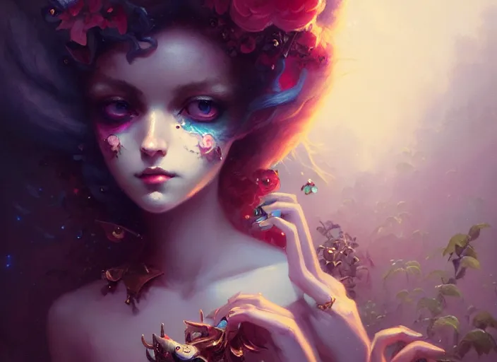 Prompt: close up picture of an maximalist dress girl, extremely beautiful and aesthetic and detailed cute face and eyes, with cute familiar sprites, chiaroscuro, intricate, masterpiece, fantasy illustrations by peter mohrbacher and anato finnstark and jeremy lipking