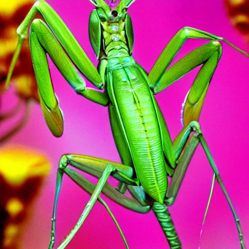 Prompt: macro praying mantis, detailed, floral, dreamy, colorful