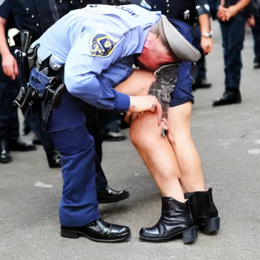 Image similar to man licking the boots of a police officer with 😋