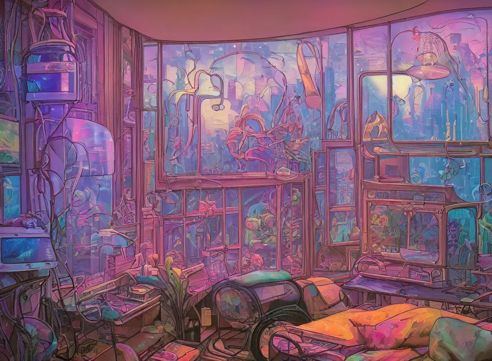 Image similar to telephoto 7 0 mm f / 2. 8 iso 2 0 0 photograph depicting the feeling of chrysalism in a cosy cluttered french sci - fi ( art nouveau ) cyberpunk apartment in a pastel dreamstate art cinema style. ( aquarium, computer screens, window ( city ), leds, lamp, ( ( ( aquarium bed ) ) ) ), ambient light.