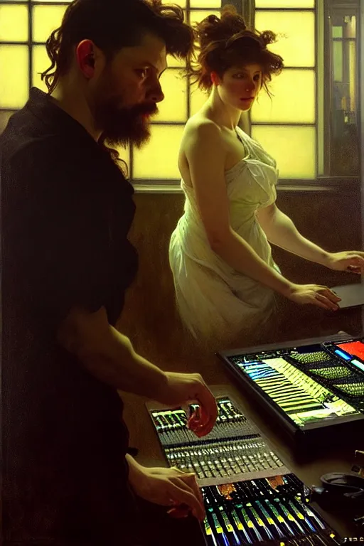 Image similar to hyperrealist portait of zu nd odyofilz mixing a music track at the office. by jeremy mann and alphonse mucha, fantasy art, photo realistic, dynamic lighting, artstation, poster, volumetric lighting, very detailed faces, 4 k, award winning