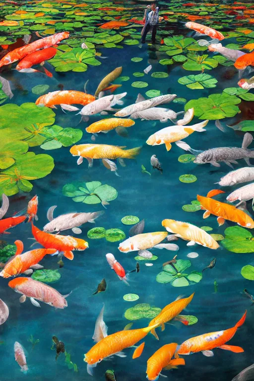 Image similar to nenufar in a pond surrounded by koi carp, colorful, blue backgroung,clean, joyful, intricate, elegant, volumetric lighting, scenery, digital painting, highly detailed, artstation, sharp focus, illustration, concept art, ruan jia, steve mccurry