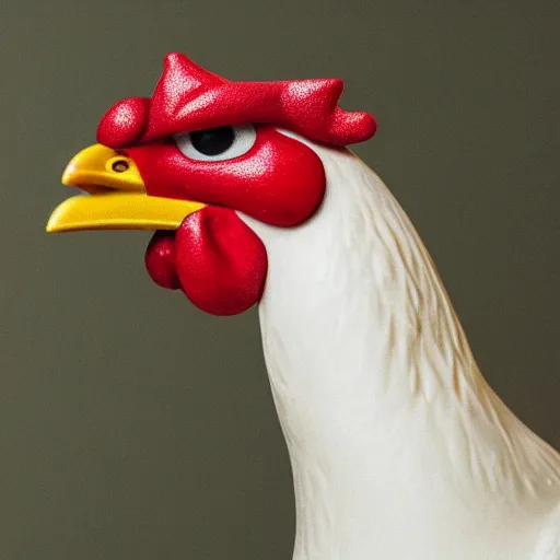 Prompt: a closeup shot of a chicken wearing a suit, photorealistic