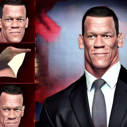 Prompt: john cena with a big head wearing a ripped suit