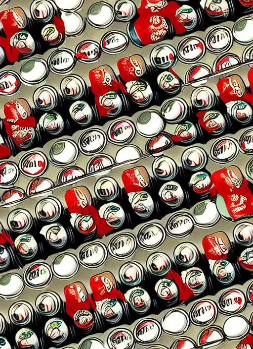 Prompt: multiple soda caps, wallpaper aesthetic, anime style, closeup view, beautiful, cinematic, dramatic, super detailed and intricate, hyper realistic, by satoshi kon, by koson ohara, by darwyn cooke