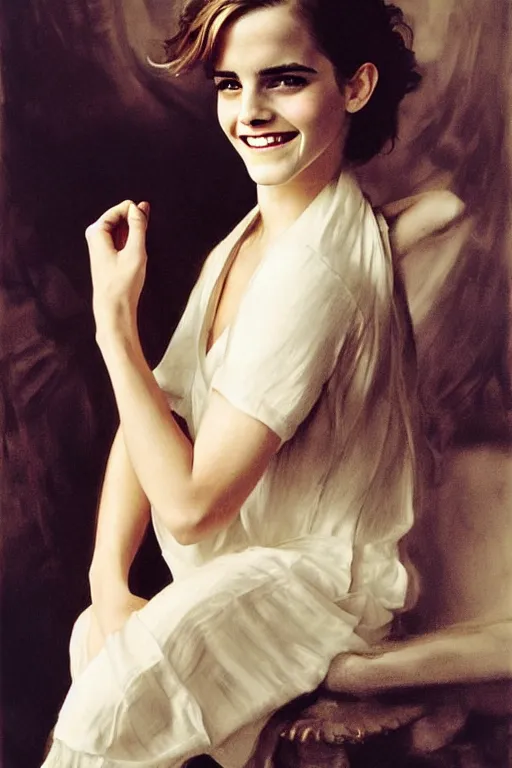 Image similar to emma watson smiling laughing gathered faille v - neck smiling detailed portrait painting by gaston bussiere craig mullins j. c. leyendecker photograph by richard avedon peter lindbergh annie leibovitz