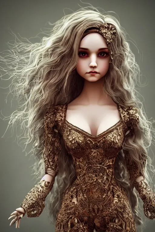 Prompt: beautiful ball jointed doll, long shiny hair, beautiful face, full body, intricate detailed, sharp focus, octane render, high quality, Symmetrical composition, 8k, volumetric lighting, on trending on pinterest, black background