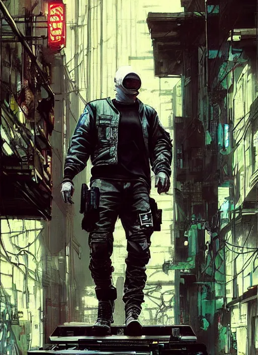 Prompt: Eminem ,Cyberpunk mercenary in tactical gear climbing a security fence. rb6s, (Cyberpunk 2077), blade runner 2049, (matrix). Epic painting by Craig Mullins and Alphonso Mucha. painting with Vivid color.