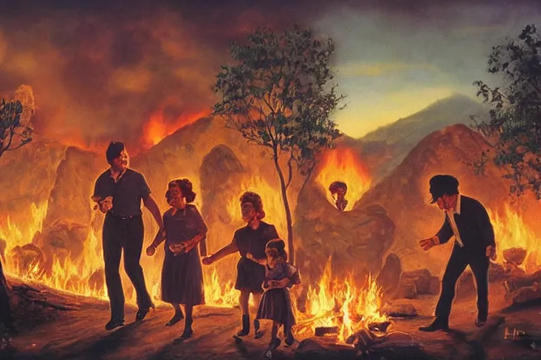 Prompt: a picture of a happy family walking in front of a fire, a detailed matte painting by mort kunstler, pixiv, kitsch movement, hellish background, movie poster, official art