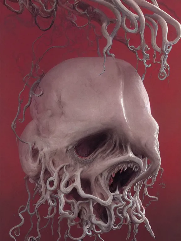 Image similar to painting by wayne barlowe of a flying sorrowful looking severed human head with tears running down it's eyes, face that is chalk white in color, with long sprawling white tentacles stemming down it's neck, fiery scorching red eyes, flying in a terrying hellish dark cavernous place