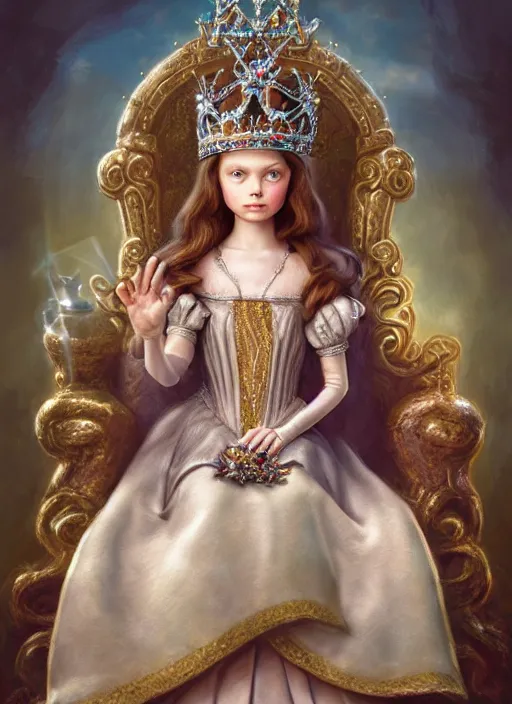 Prompt: highly detailed closeup portrait of a fairytale medieval princess wearing a crown and sitting on a throne, unreal engine, low - poly hands, nicoletta ceccoli, mark ryden, earl norem, lostfish, global illumination, god rays, detailed and intricate environment