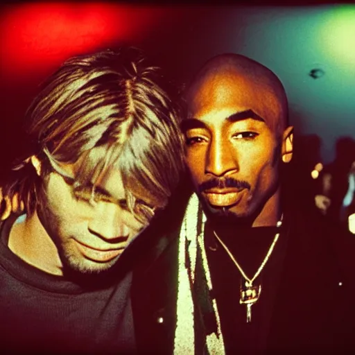 Image similar to Polaroid photograph of Kurt Cobain and Tupac Shakur in a club, blurry, XF IQ4, 150MP, 50mm, F1.4, ISO 200, 1/160s, natural light, Adobe Lightroom, photolab, Affinity Photo, PhotoDirector 365,