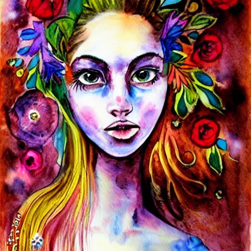 Prompt: a painting of a woman with flowers in her hair, a watercolor painting by alice mason, deviantart, psychedelic art, deviantart, detailed painting, watercolor
