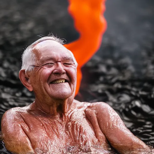 Image similar to elderly man swimming in a lava flow, smiling, happy, volcano, hot, eruption, magma, lava, canon eos r 3, f / 1. 4, iso 2 0 0, 1 / 1 6 0 s, 8 k, raw, unedited, symmetrical balance, wide angle